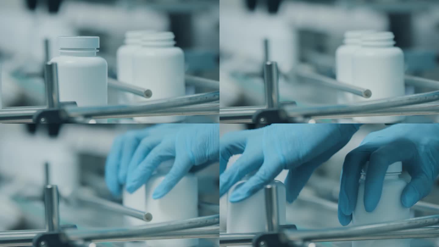 工人的手把产品放在传送带上。工厂里的管子沿着传送带移动。很多白色的塑料瓶。制药行业。特写，微距