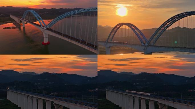 夕阳下高铁穿越铁路长江大桥航拍