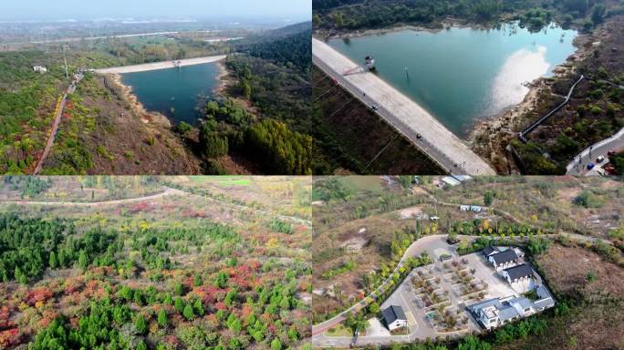 航拍枣庄凤凰绿道杨峪风景区水库红叶