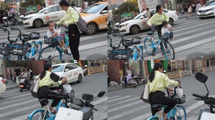 下班骑共享单车载小孩回家