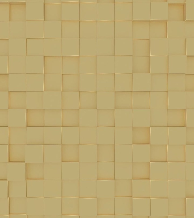 黄金光泽立方体几何瓷砖背景。鼓鼓囊囊的金色数码马赛克图案。创意3d平面设计墙运动动画。