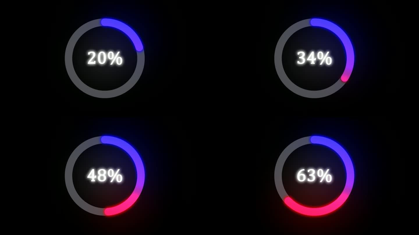 圆圈百分比0到100%满。发光渐变彩色环加载圆球条动画。
