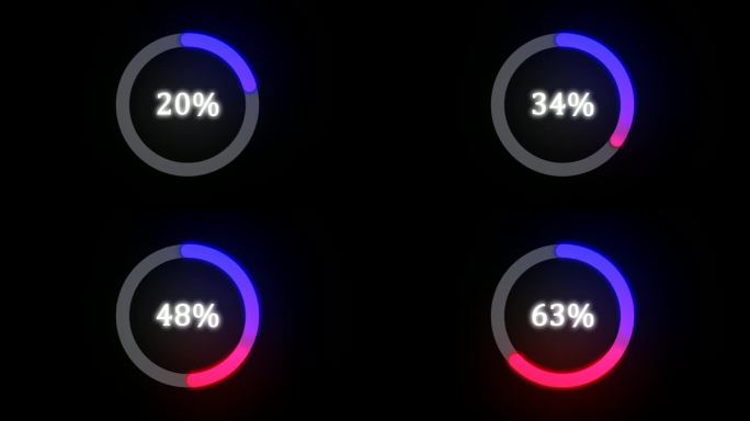 圆圈百分比0到100%满。发光渐变彩色环加载圆球条动画。