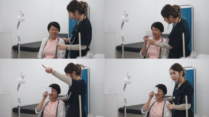 亚洲华裔女医生在视觉测试矢量图上为老年患者进行视力检查