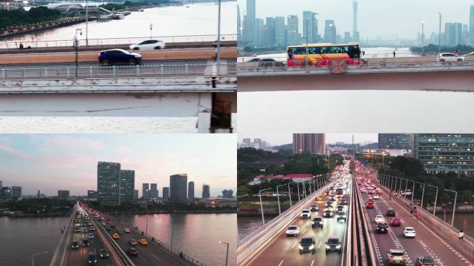 4K航拍广州上下班高峰期的桥上车流