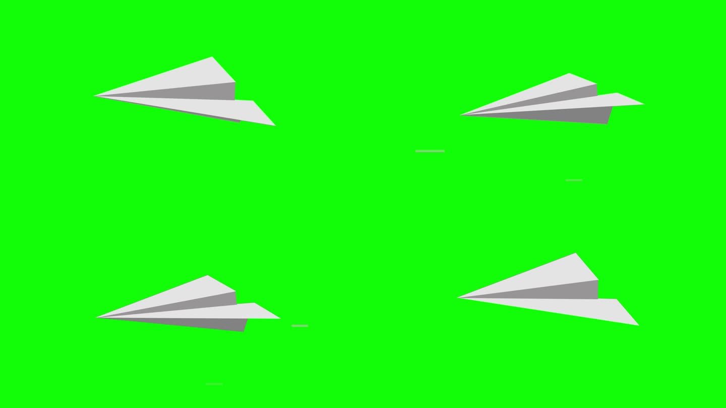 纸飞机飞向相机在绿色背景。4K