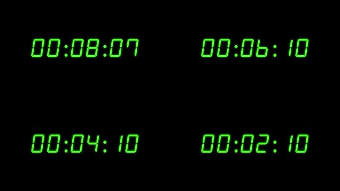 6位10秒数字时钟倒计时计时器。黑色bg上的绿色数字