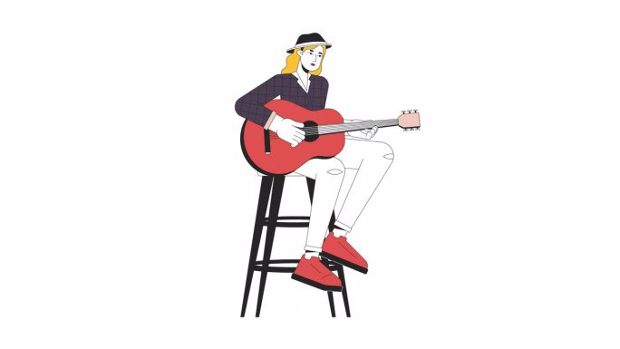 女吉他手演奏乡村音乐线卡通动画