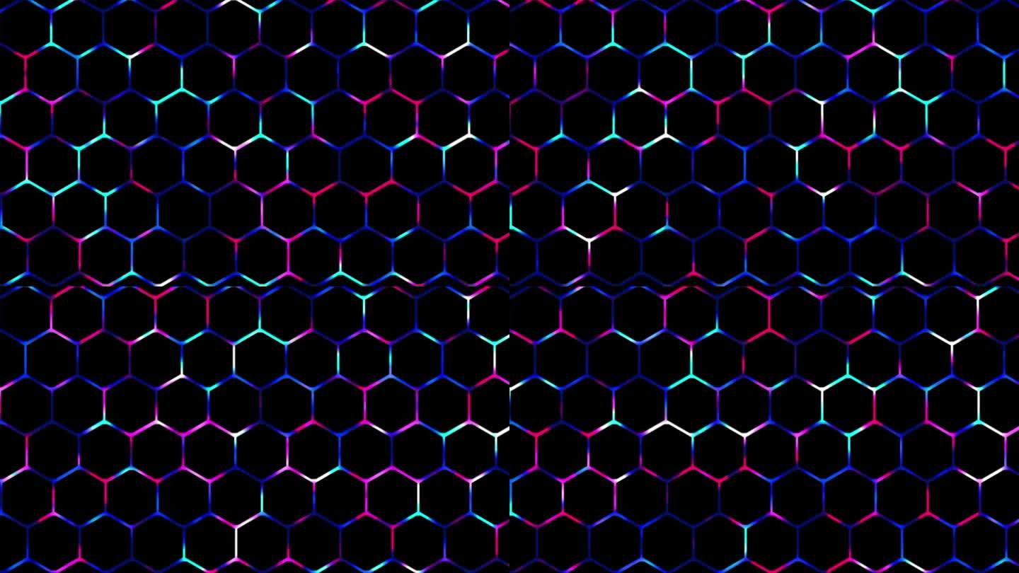 彩色2D发光数字技术六边形网格背景，发光霓虹灯游戏背景