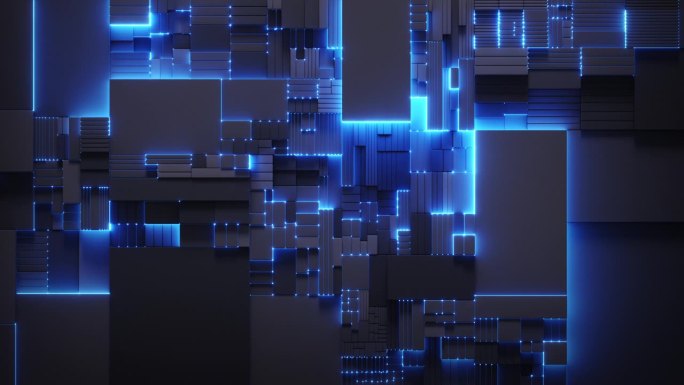 立方体块与蓝色霓虹灯背光无缝循环3D渲染动画