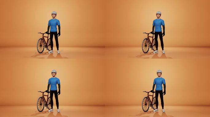 一个站在自行车旁的3D动画男性角色