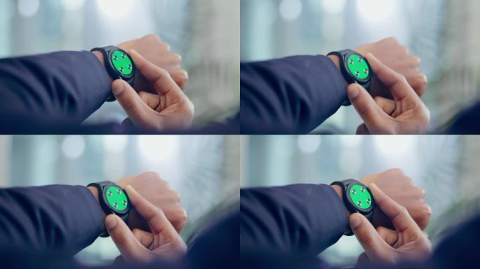 技术手，绿色屏幕或商人与智能手表的手臂或手腕的健康模型。特写，数字空间或企业家在应用程序上检查时钟时
