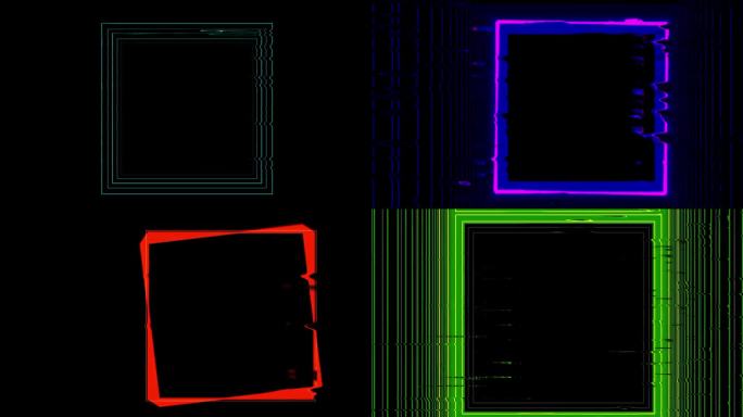 小故障方块移位VJ动画与荧光闪烁灯在黑色背景上发光