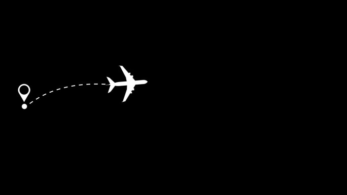 飞机飞行与路径线动画隔离在黑色背景。飞机的虚线路线或航线。从起始位置或点飞行