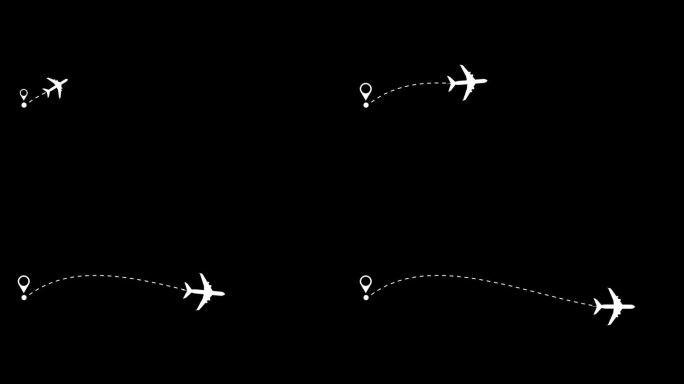飞机飞行与路径线动画隔离在黑色背景。飞机的虚线路线或航线。从起始位置或点飞行
