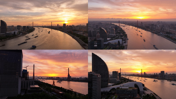 上海杨浦滨江杨浦大桥日出航拍