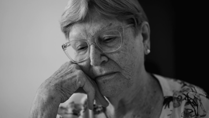忧郁的回忆，沉思的老年妇女的脸特写，迷失在过去的记忆。80多岁老人做白日梦，用单色表达悲伤和忧郁