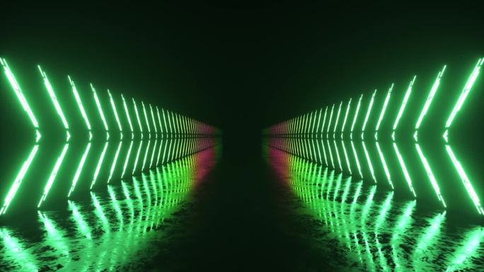 霓虹灯发光线交替点亮，在黑暗的背景上形成一条走廊。绿紫光。三维动画