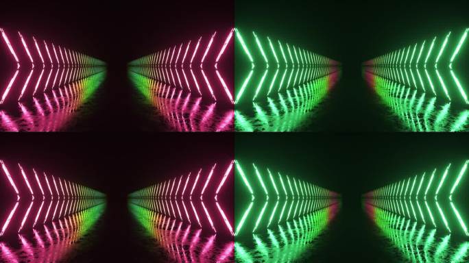 霓虹灯发光线交替点亮，在黑暗的背景上形成一条走廊。绿紫光。三维动画