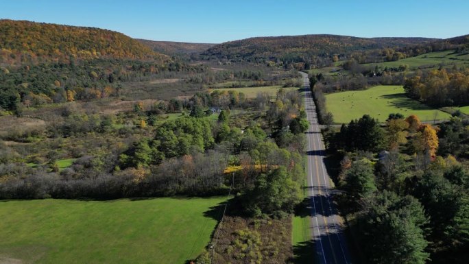 在乡村公路上行驶的汽车，背景是山脉(秋天，秋天的景色，树木变色)交通鸟瞰图(无人机镜头，从高空拍摄，