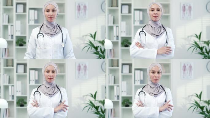 严肃自信的女医生肖像，穿着白大褂，带着听诊器，在现代医院的诊所里看着相机。