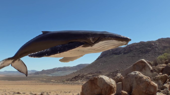 空灵的座头鲸在沙漠上空翱翔，象征着气候的影响。