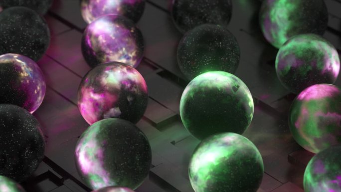 空间的概念。宇宙在一个球里。多重宇宙。绿紫色霓虹色。许多太空物体。三维动画