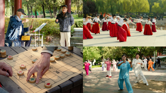 超长公园老年人锻炼休闲娱乐下棋幸福生活