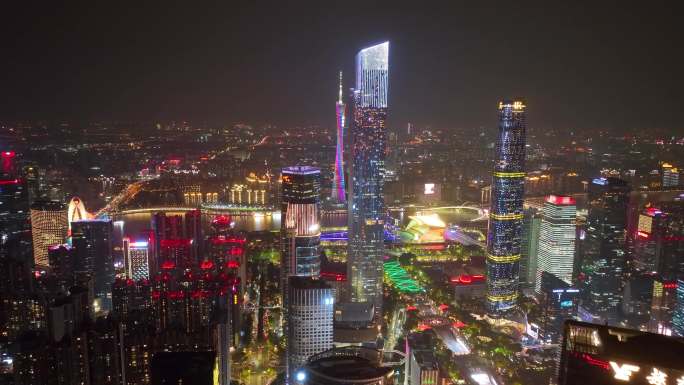 夜晚航拍广州CBD夜景城市中央