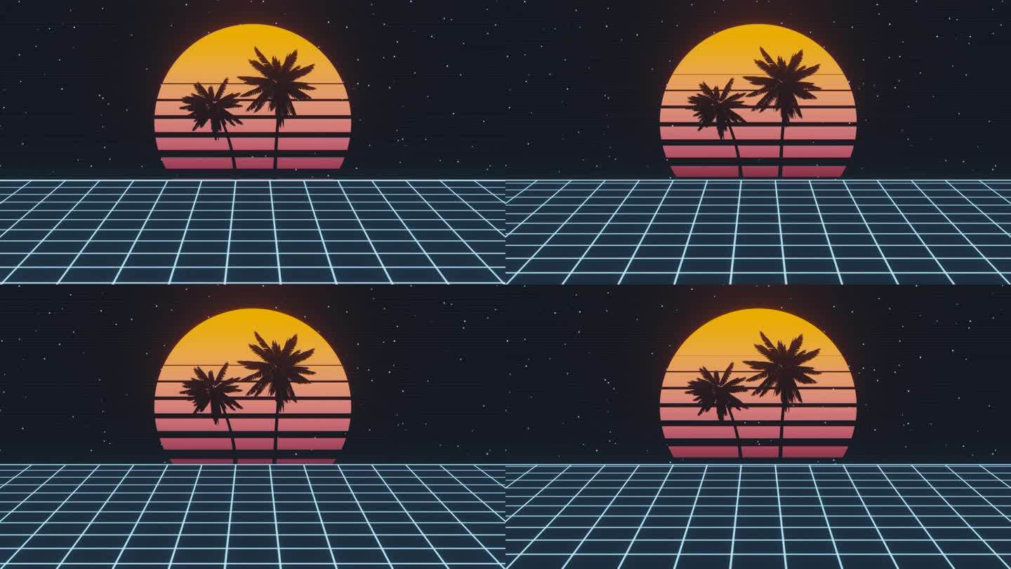 80年代复古的未来无缝循环动画。合成波，蒸汽波日落与剪影棕榈树和霓虹灯激光网格。