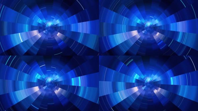 彩色蓝色旋转叶片抽象发光圆，隧道背景