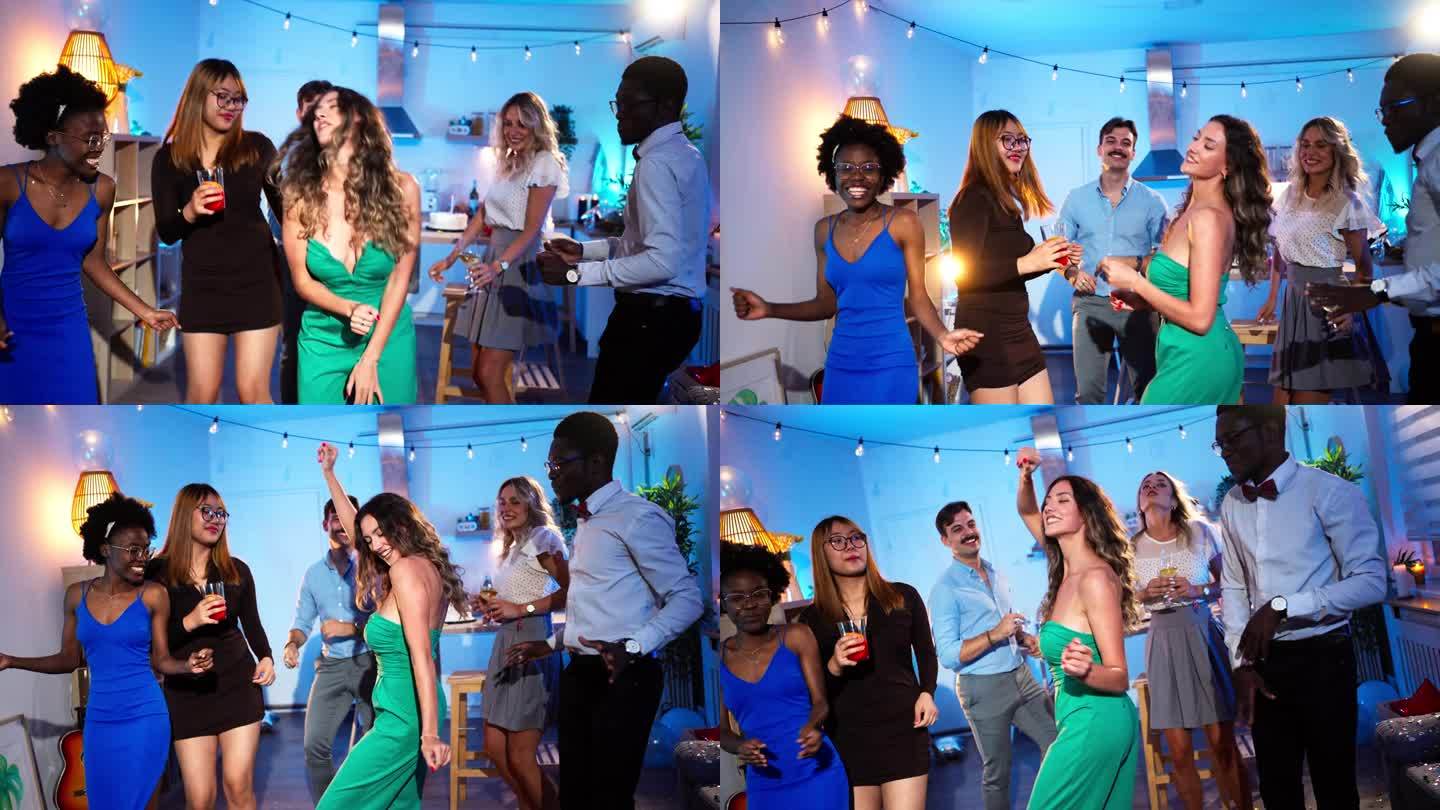 一群多种族的人在家庭聚会上跳舞，玩得很开心
