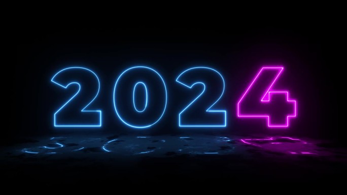蓝色照明数字2023-2024年设计，湿地板和霓虹灯。抽象的宇宙充满活力的色彩背景。恭贺2024年新