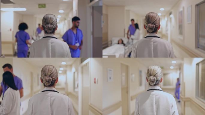 梳着发髻的女医生在医院走廊里走的后视图