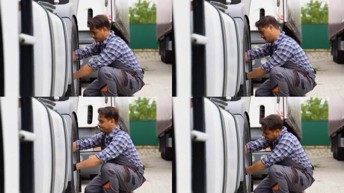 印度机械师正在更换卡车轮胎