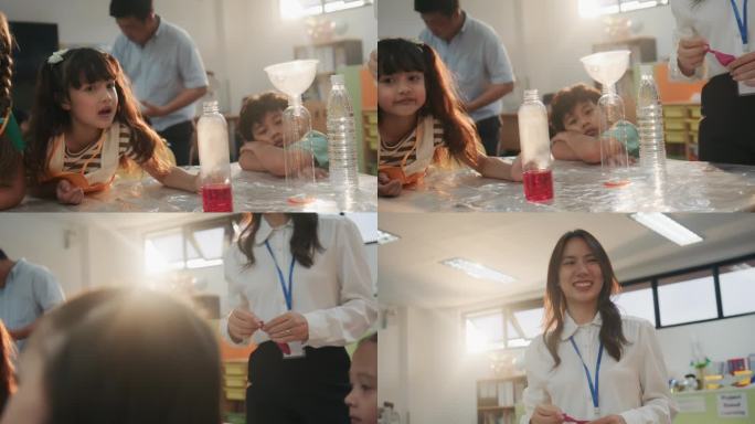 迷人美丽的女指导老师在幼儿园用快乐和有趣的活动讲解和教育幼儿。