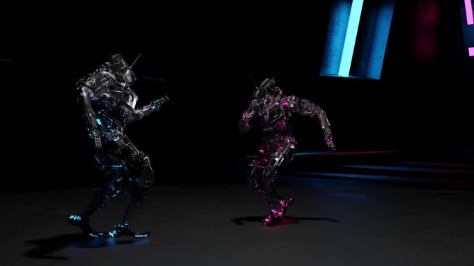 机器人，机器人跳舞，萨尔萨舞，伦巴舞，黑色背景，3d渲染，舞曲背景