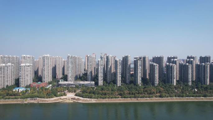城市沿江高楼建筑长沙湘江世纪城航拍