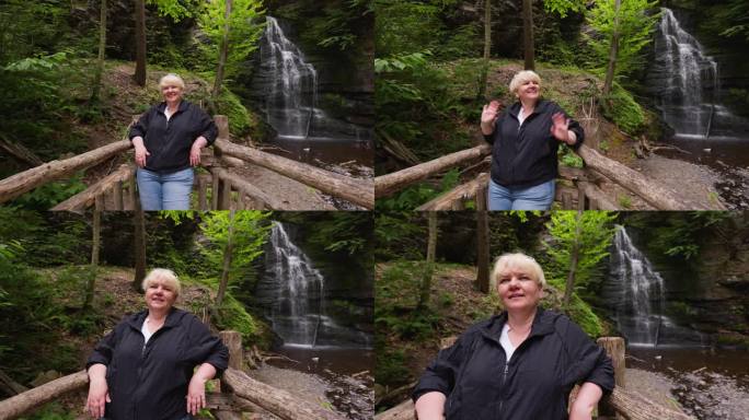 国内旅游，金发美女旅行的主要景点在布什基尔瀑布，波科诺山脉在宾夕法尼亚州。镜头与推近镜头运动
