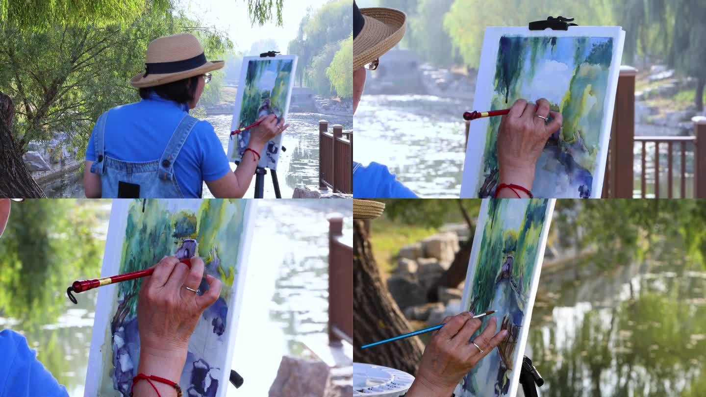 【4K】户外乡村公园写生画家画画美术油画