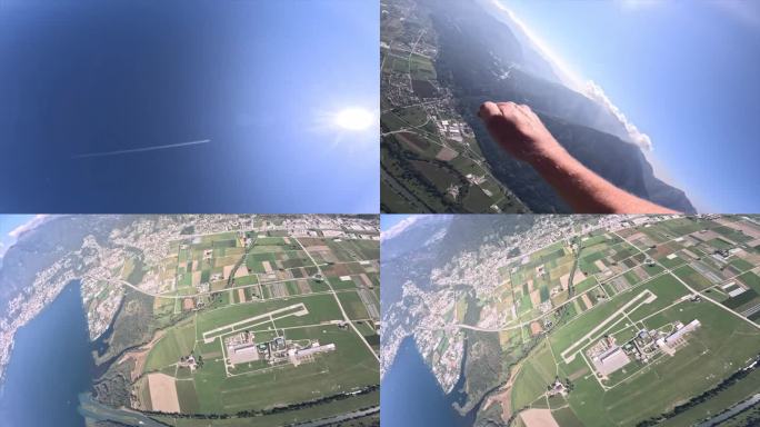 在阳光明媚的日子里，在马焦雷湖上空跳伞，俯瞰阿尔卑斯山