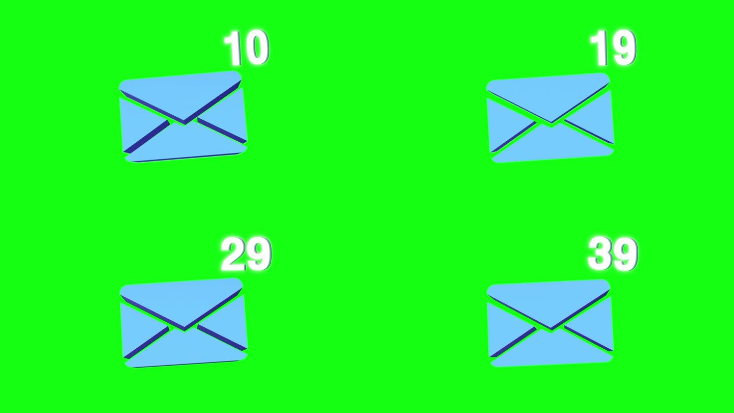动画电子邮件应用程序图标接收通知。快速接收邮件。绿色背景