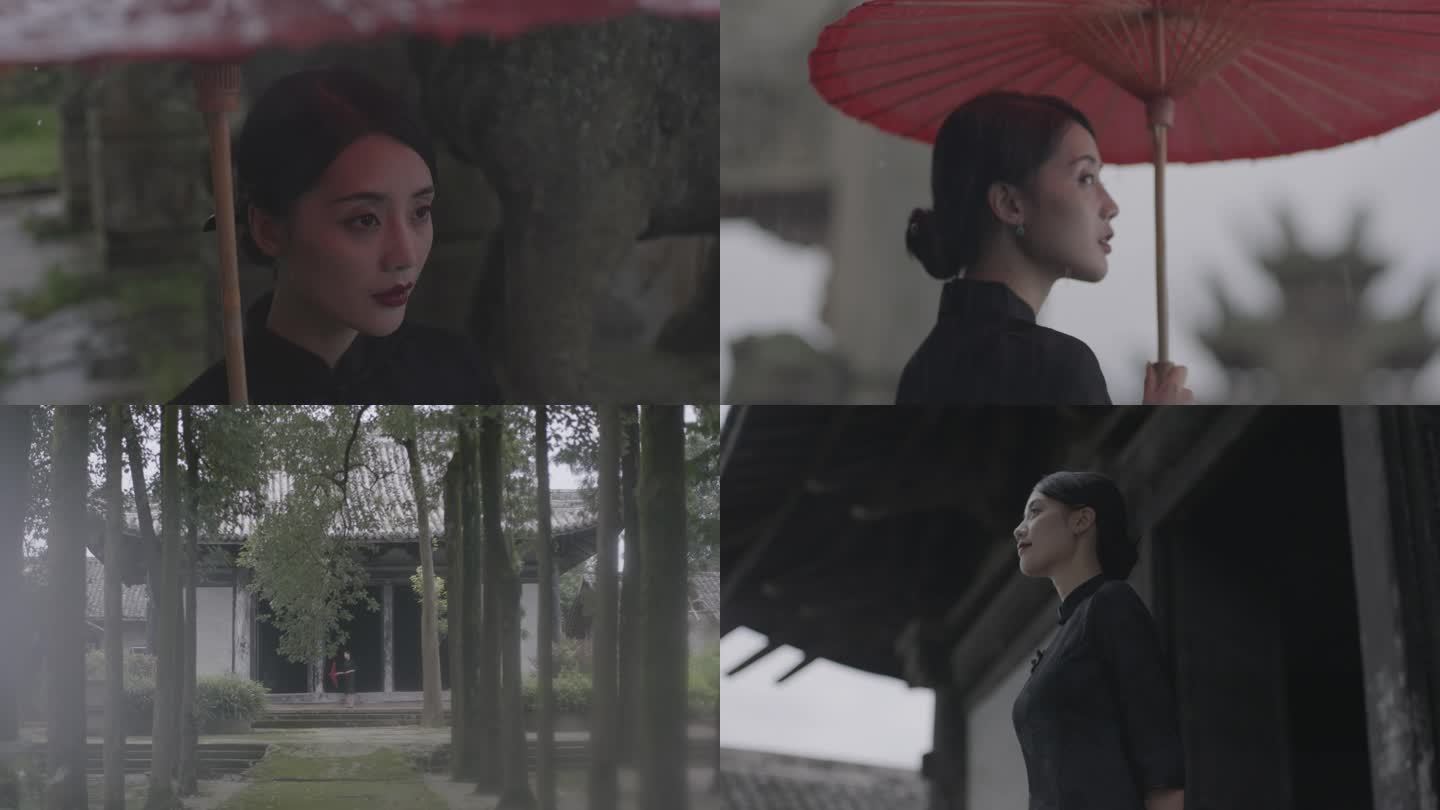 打伞美女牌坊古宅 雨过天晴