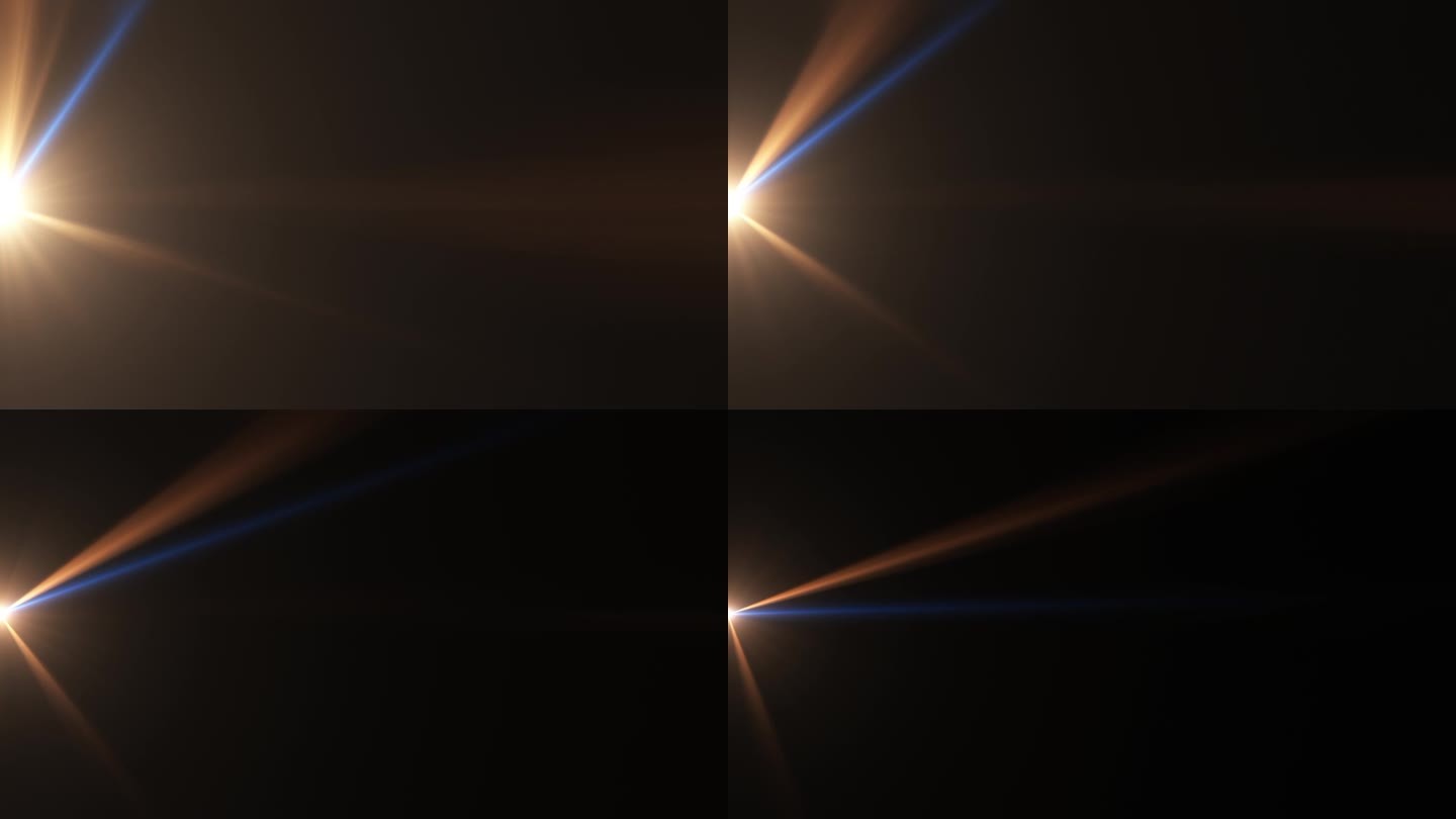 抽象的金蓝色光学镜头闪光光爆发动画移动到左边的黑色背景上的屏幕项目覆盖。4K无缝循环动态动态亮星光线
