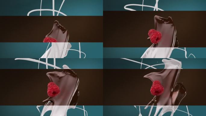 黑巧克力覆盆子和牛奶水平分割屏幕溅落在慢动作