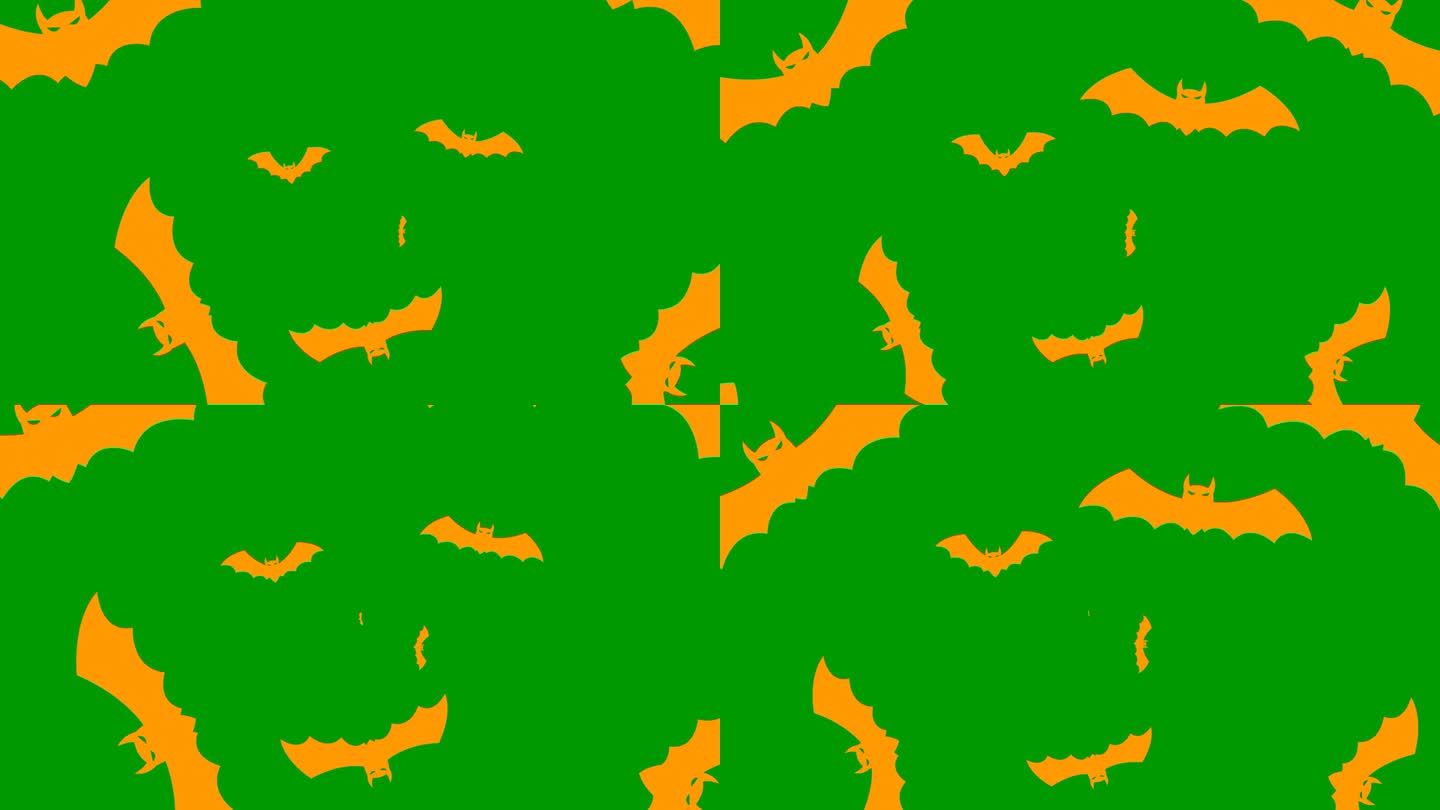 动画中的橙色蝙蝠从屏幕中央飞出。毛圈的视频。万圣节的概念，黑色星期五。平面矢量插图隔离在绿色背景上。