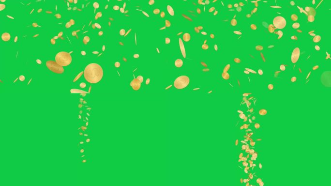 金币下雨动画与孤立的绿色屏幕