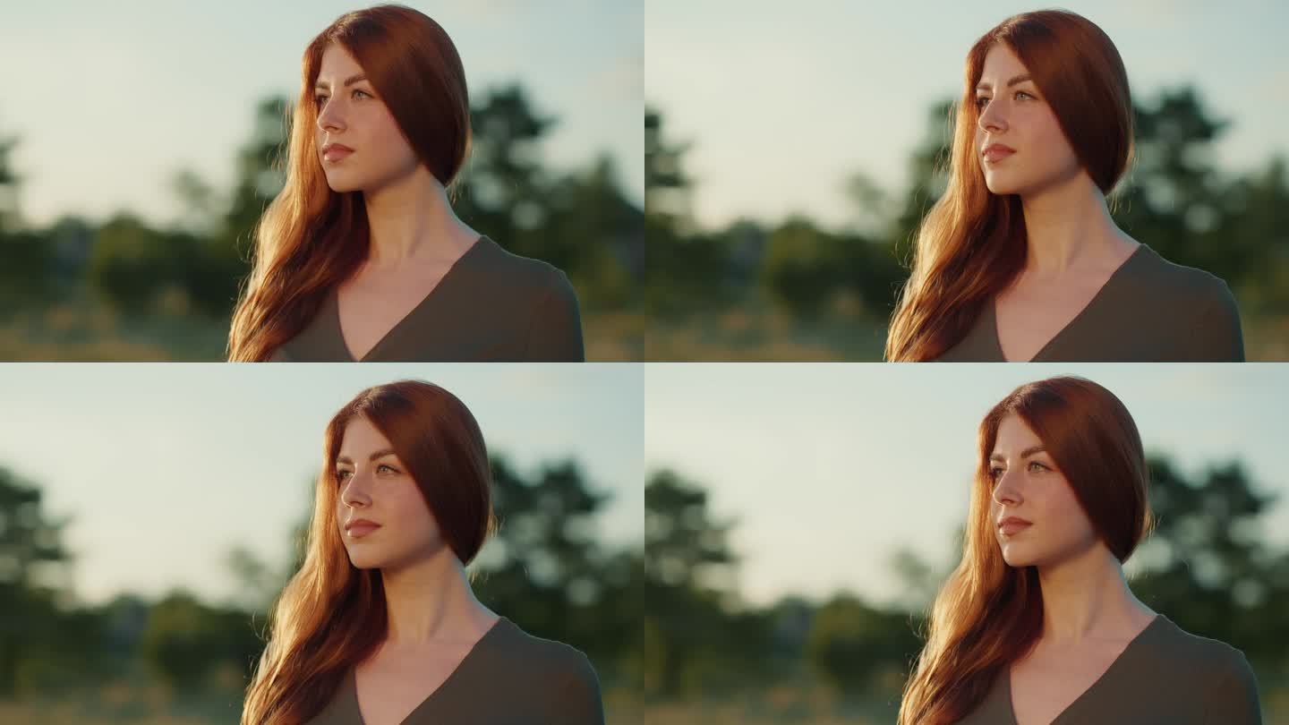 一个天生丽质，长着一头红发的女孩站在大自然的外面。