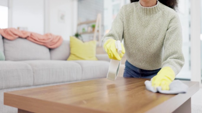 清洁时，家里和女人用抹布、喷瓶和带有细菌的灰尘、台面和消毒液。个人，管家和清洁人员与卫生，细菌和污垢