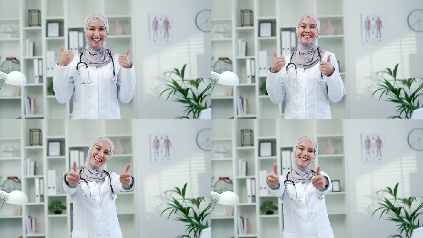 在现代医院的诊所里，快乐的穆斯林女医生站在办公室里竖起大拇指